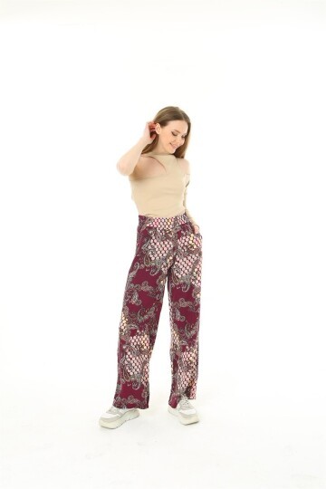 Kadın Dokuma Viskon Desenli Cepli Büyük Beden Kalıp Beli Lastikli Salaş Pantolon