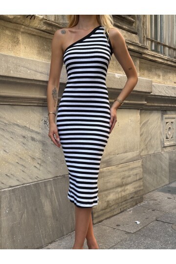 Kadın Fitilli Çizgili Desenli Midi Boy Yazlık Pamuk Şık Casual Tek Omuz Elbise