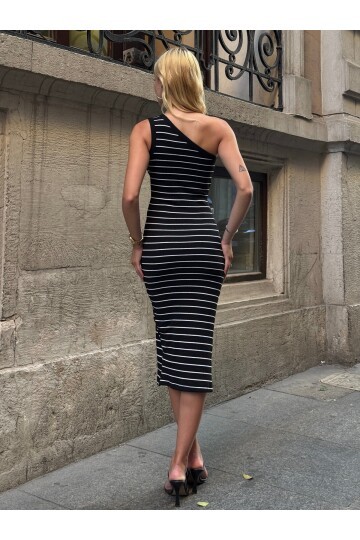 Kadın Fitilli Çizgili Desenli Midi Boy Yazlık Pamuk Şık Casual Tek Omuz Elbise