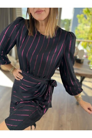 Kadın Fuşya Simli Çizgili Siyah Belden Bağlamalı Şık Curve Siyah Gece İş Elbisesi