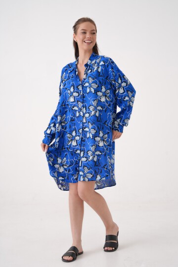 Kadın Gömlek Yaka Büyük Beden Desenli Tunik Boy Uzun Kol Gömlek Elbise