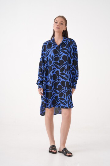 Kadın Gömlek Yaka Büyük Beden Desenli Tunik Boy Uzun Kol Gömlek Elbise