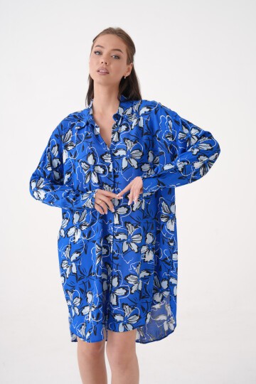 Kadın Gömlek Yaka Büyük Beden Desenli Tunik Boy Uzun Kol Gömlek Elbise