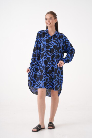 Kadın Gömlek Yaka Büyük Beden Desenli Tunik Boy Uzun Kol Gömlek Elbise