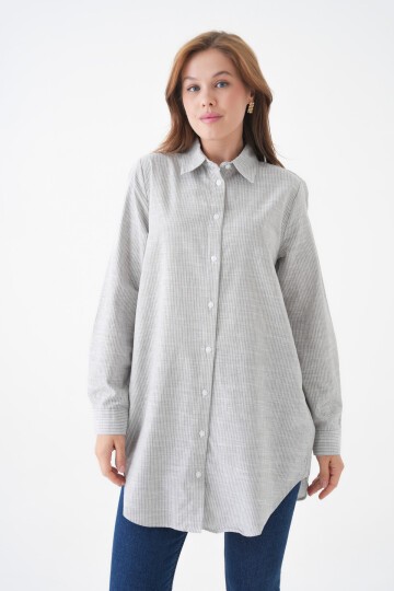 Kadın Gömlek Yaka Düğmeli Uzun Kol Tunik Boy Rahat Çizgili Curve Büyük Beden Tesettüre Uygun Gömlek