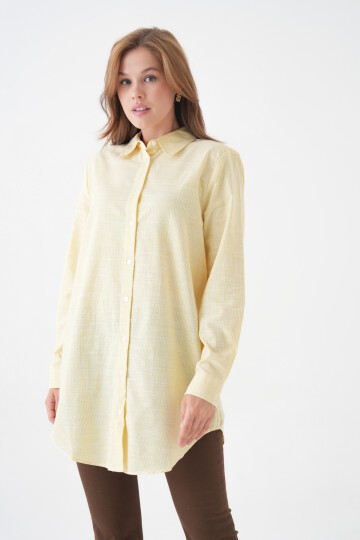 Kadın Gömlek Yaka Düğmeli Uzun Kol Tunik Boy Rahat Çizgili Curve Büyük Beden Tesettüre Uygun Gömlek