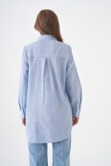 Kadın Gömlek Yaka Düğmeli Uzun Kol Tunik Boy Rahat Çizgili Curve Büyük Beden Tesettüre Uygun Gömlek