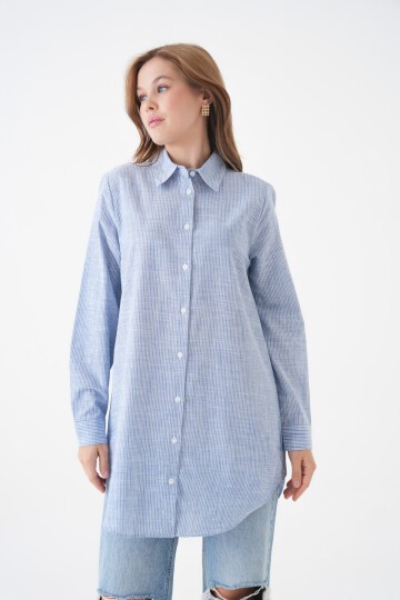 Kadın Gömlek Yaka Düğmeli Uzun Kol Tunik Boy Rahat Çizgili Curve Büyük Beden Tesettüre Uygun Gömlek