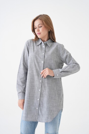 Kadın Gömlek Yaka Düğmeli Uzun Kol Tunik Boy Rahat Çizgili Curve Büyük Beden Tesettüre Uygun Gömlek