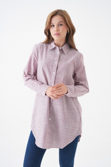 Kadın Gömlek Yaka Düğmeli Uzun Kol Tunik Boy Rahat Çizgili Curve Büyük Beden Tesettüre Uygun Gömlek