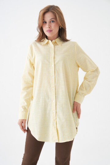 Kadın Gömlek Yaka Düğmeli Uzun Kol Tunik Boy Rahat Çizgili Curve Büyük Beden Tesettüre Uygun Gömlek