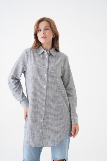 Kadın Gömlek Yaka Düğmeli Uzun Kol Tunik Boy Rahat Çizgili Curve Büyük Beden Tesettüre Uygun Gömlek