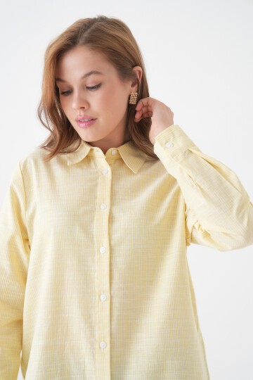 Kadın Gömlek Yaka Düğmeli Uzun Kol Tunik Boy Rahat Çizgili Curve Büyük Beden Tesettüre Uygun Gömlek