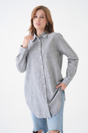 Kadın Gömlek Yaka Düğmeli Uzun Kol Tunik Boy Rahat Çizgili Curve Büyük Beden Tesettüre Uygun Gömlek