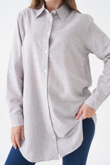 Kadın Gömlek Yaka Düğmeli Uzun Kol Tunik Boy Rahat Çizgili Curve Büyük Beden Tesettüre Uygun Gömlek