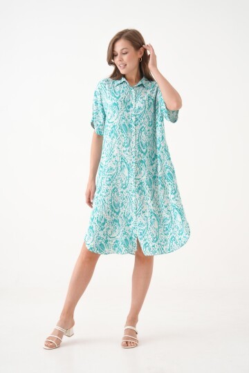 Kadın Gömlek Yaka Önden Düğmeli Kısa Kol Yazlık Desenli Büyük Beden Curve Yazlık Dokuma Elbise