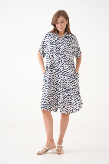 Kadın Gömlek Yaka Önden Düğmeli Kısa Kol Yazlık Desenli Büyük Beden Curve Yazlık Dokuma Elbise