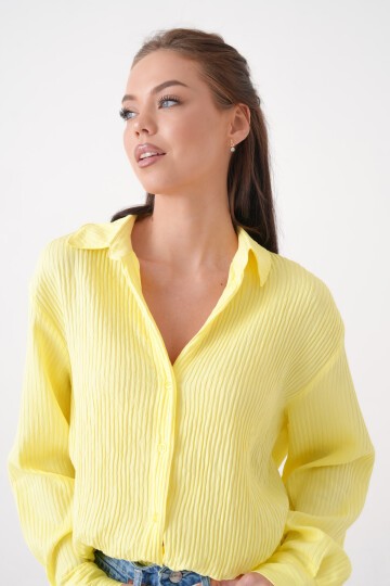 Kadın Gömlek Yaka Önü Düğmeli Düz Uzun Kol Rahat Kalıp Curve Büyük Bedeb Yazlık Gömlek