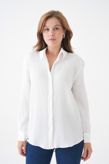 Kadın Gömlek Yaka Önü Düğmeli Düz Uzun Kol Rahat Kalıp Curve Büyük Bedeb Yazlık Gömlek