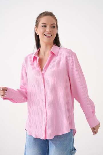 Kadın Gömlek Yaka Önü Düğmeli Düz Uzun Kol Rahat Kalıp Curve Büyük Bedeb Yazlık Gömlek