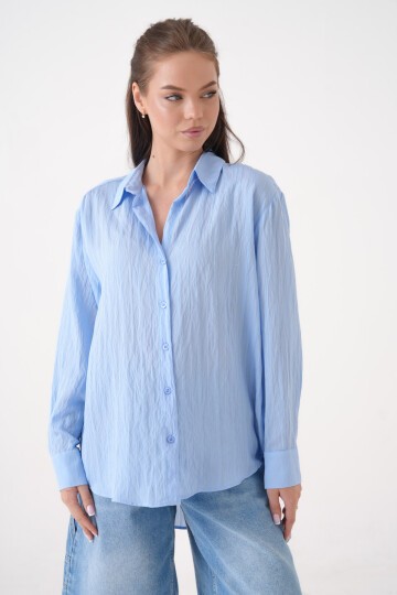 Kadın Gömlek Yaka Önü Düğmeli Düz Uzun Kol Rahat Kalıp Curve Büyük Beden Yazlık Gömlek