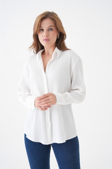 Kadın Gömlek Yaka Önü Düğmeli Düz Uzun Kol Rahat Kalıp Curve Büyük Bedeb Yazlık Gömlek