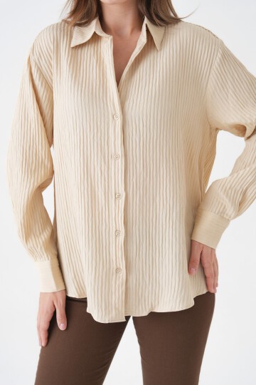 Kadın Gömlek Yaka Önü Düğmeli Düz Uzun Kol Rahat Kalıp Curve Büyük Bedeb Yazlık Gömlek