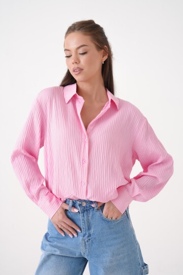 Kadın Gömlek Yaka Önü Düğmeli Düz Uzun Kol Rahat Kalıp Curve Büyük Bedeb Yazlık Gömlek