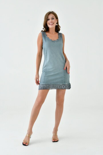 Kadın Güpürlü Yaka ve Etek Detaylı Kalın Askılı Yıkamalı Büyük Beden Curve Tunik Mini Elbise