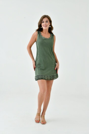 Kadın Güpürlü Yaka ve Etek Detaylı Kalın Askılı Yıkamalı Büyük Beden Curve Tunik Mini Elbise