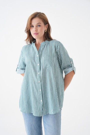 Kadın Hakim Yaka Geniş Kalıp Tesettüre Uygun Çizgili Spor Şık Curve Gömlek