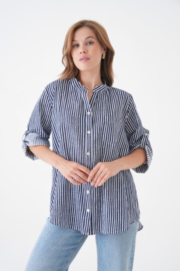 Kadın Hakim Yaka Geniş Kalıp Tesettüre Uygun Çizgili Spor Şık Curve Gömlek