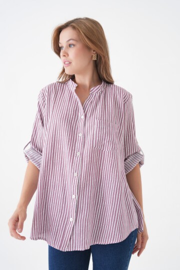 Kadın Hakim Yaka Geniş Kalıp Tesettüre Uygun Çizgili Spor Şık Curve Gömlek