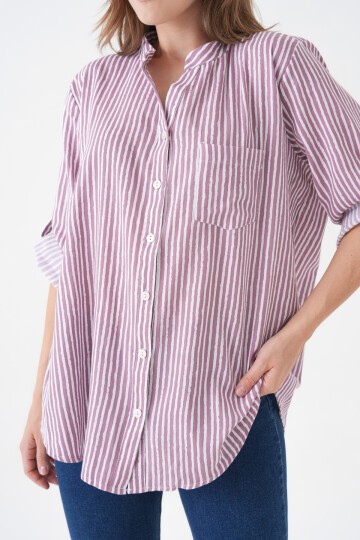 Kadın Hakim Yaka Geniş Kalıp Tesettüre Uygun Çizgili Spor Şık Curve Gömlek