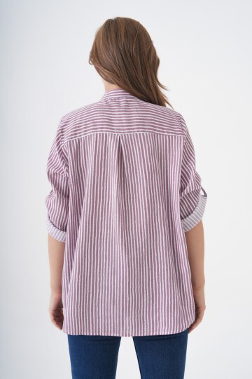 Kadın Hakim Yaka Geniş Kalıp Tesettüre Uygun Çizgili Spor Şık Curve Gömlek