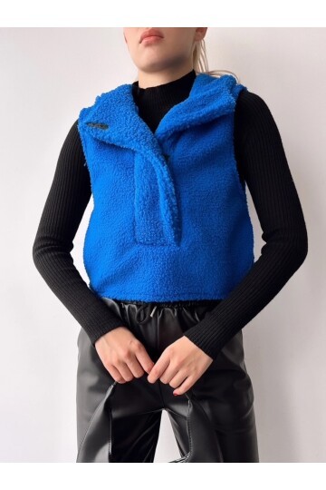 Kadın Kapüşonlu Cepli Tasarım Yaka Spor Şık Saks Peluş Yelek