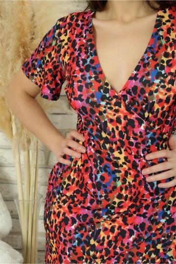 Kadın Karışık Renkli Desenli Kruvaze Şık Mini Elbise