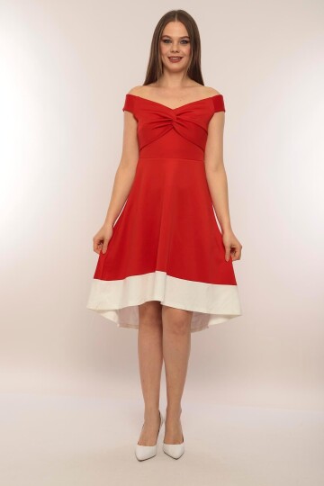 Kadın Kayık Yaka Kırmızı Volanlı Çan Kesim Şık Curve Gece Abiye/Mezuniyet Elbisesi