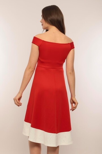 Kadın Kayık Yaka Kırmızı Volanlı Çan Kesim Şık Curve Gece Abiye/Mezuniyet Elbisesi