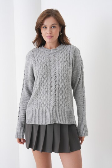 Kadın Kendinden Dokulu Uzun Kollu Bisiklet Yaka Spor Şık Kışlık Triko Kazak