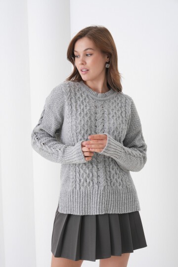 Kadın Kendinden Dokulu Uzun Kollu Bisiklet Yaka Spor Şık Kışlık Triko Kazak