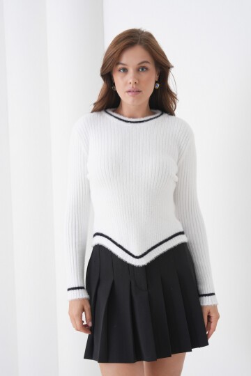 Kadın Asimetrik V Kesim Şerit Kenar Sakallı Uzun Kollu Bisiklet Yaka Spor Şık Kışlık Triko Kazak