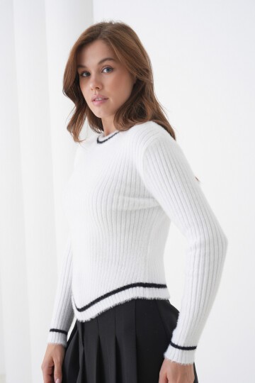 Kadın Asimetrik V Kesim Şerit Kenar Sakallı Uzun Kollu Bisiklet Yaka Spor Şık Kışlık Triko Kazak