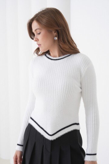 Kadın Asimetrik V Kesim Şerit Kenar Sakallı Uzun Kollu Bisiklet Yaka Spor Şık Kışlık Triko Kazak