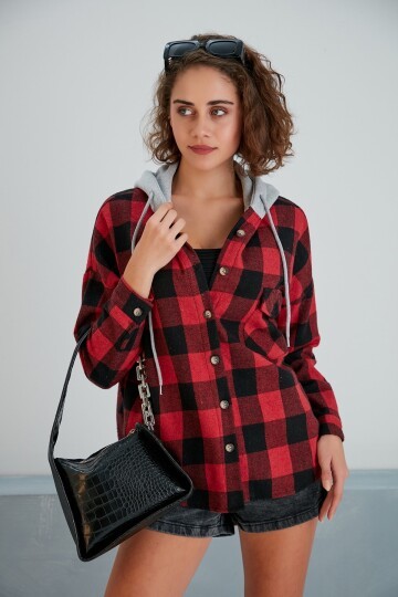 Kadın Kırmızı Siyah Oduncu Oversize Ceket Gömlek