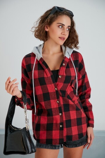 Kadın Kırmızı Siyah Oduncu Oversize Ceket Gömlek