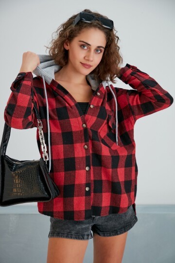 Kadın Kırmızı Siyah Oduncu Oversize Ceket Gömlek