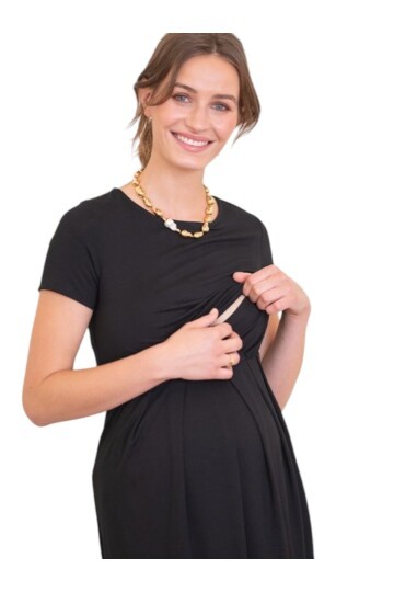 Kadın Kısa Kol Emzirme Detaylı Tesettüre Uygun Viskon Rahat Şık Midi Hamile Elbisesi