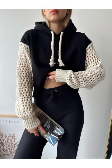 Kadın Kolları Örgü Triko Süper Şık Tasarım Oversize Crop Boy Siyah Sweatshirt