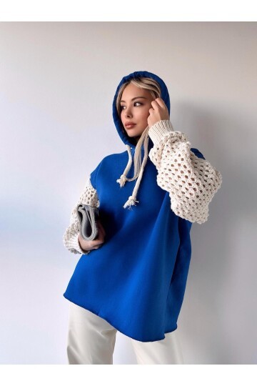 Kadın Kolları Triko Oversize Curve Tasarım Saks Mavi Sweatshirt